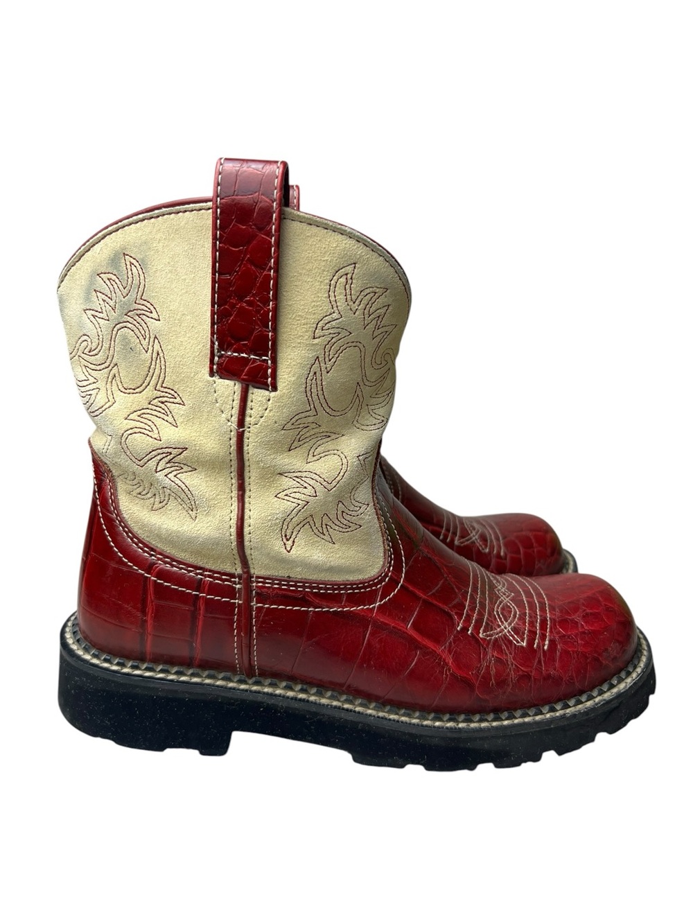 Ariat Phat Baby Cowgirl Western Boots With Croc Red Leather Lowers & Ivory Top